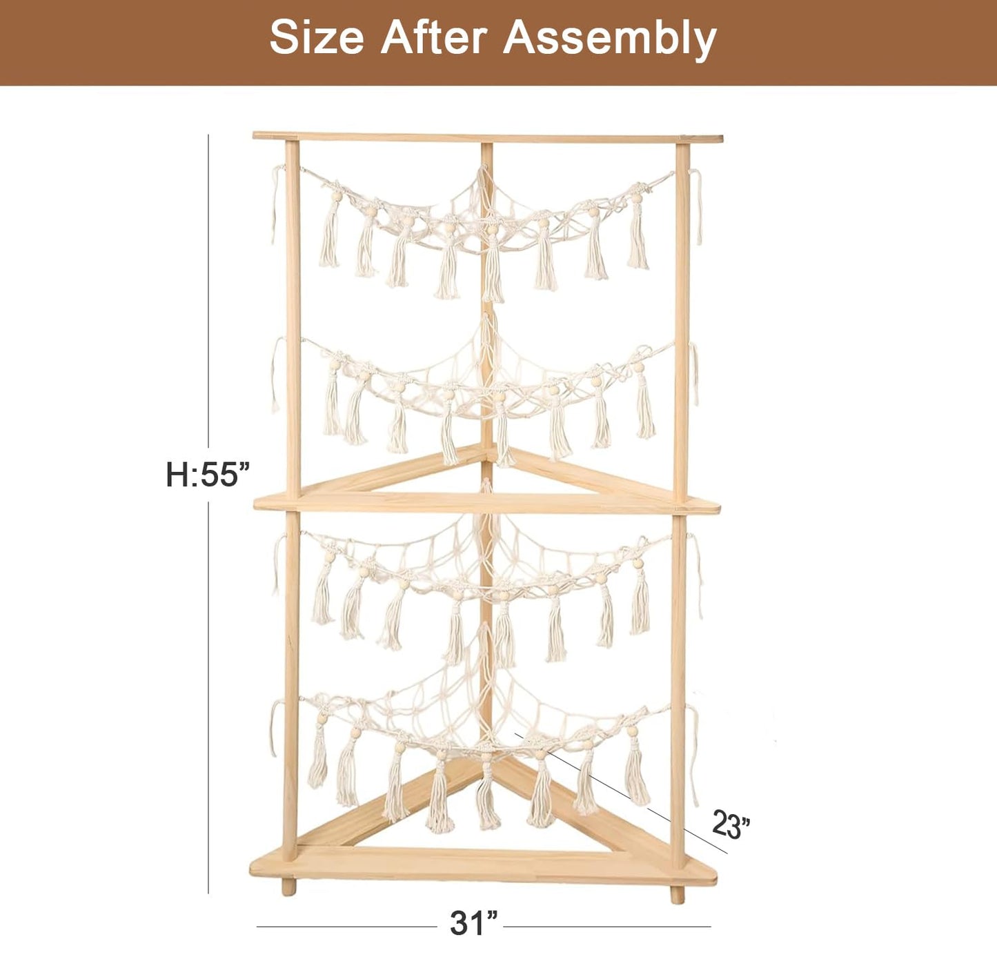 YKBU Wooden Corner Stuffed Animal Storage Organizer, 4-Tier Boho Macrame Toy Hammock Display Shelf, Free-Standing Open-Access Teddy Bear Zoo Holder for Nursery, Playroom & Kids Bedroom
