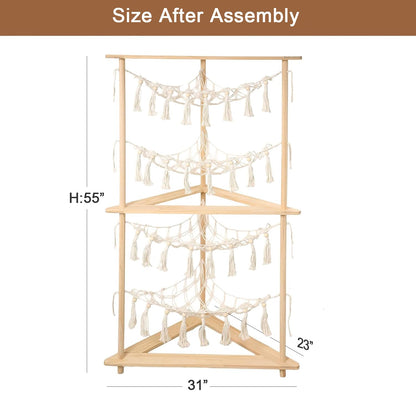 YKBU Wooden Corner Stuffed Animal Storage Organizer, 4-Tier Boho Macrame Toy Hammock Display Shelf, Free-Standing Open-Access Teddy Bear Zoo Holder for Nursery, Playroom & Kids Bedroom