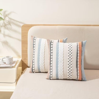 Boho Throw Pillow Covers 18x18 Set of 2 Farmhouse Decorative Cushion Case Striped Square Pillows Cover Chenille Pillow Cases Accent Neutral Pillowcase for Sofa Couch Bed,Sky Blue