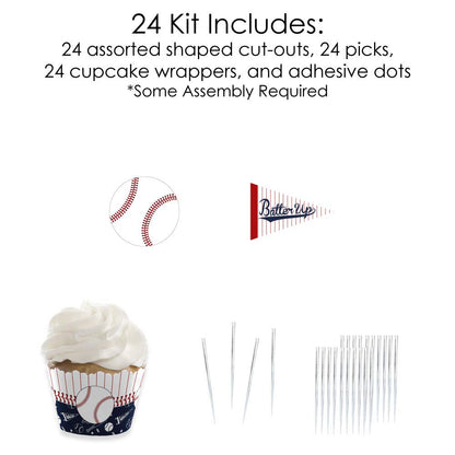 Big Dot of Happiness Batter Up - Baseball - Cupcake Decoration - Baby Shower or Birthday Party Wrappers and Treat Picks Kit - Set of 24