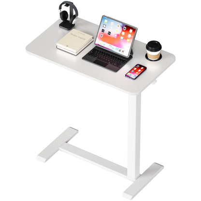 BIZUM Adjustable Bedside Table with Swivel Hidden Wheels Pneumatic Rolling Desk Mobile Standing Desk with Cup Holder for Hospital Home(27.6"x15.8" White)