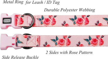 Dog Collar and Leash Set, Cute Rose Pattern, Polyester Material, 5ft Leash, for Small Dogs.(Small,Pink Rose)