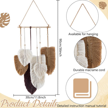 FREEBLOSS DIY Macrame Leaf Wall Hanging Beginners Macrame Kit Leaf Woven Tapestry Feather Wall Hanging DIY Macrame Kit for Adults Birthday Gift (Grey&White)