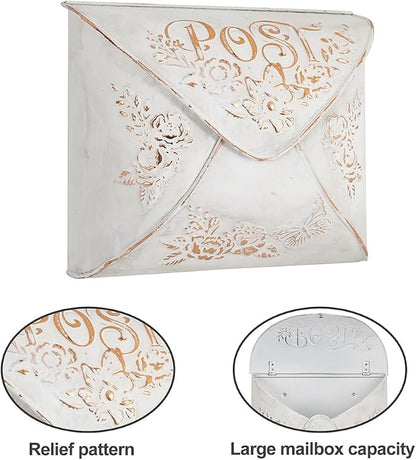 Wall Mount Mailbox for House Outside,5" D x 13.8" W x 11.4" H,Vintage Metal Door Mailbox Antique Style Nostalgic Charm Home Decor Garden Vintage English Cottage Decor(White)