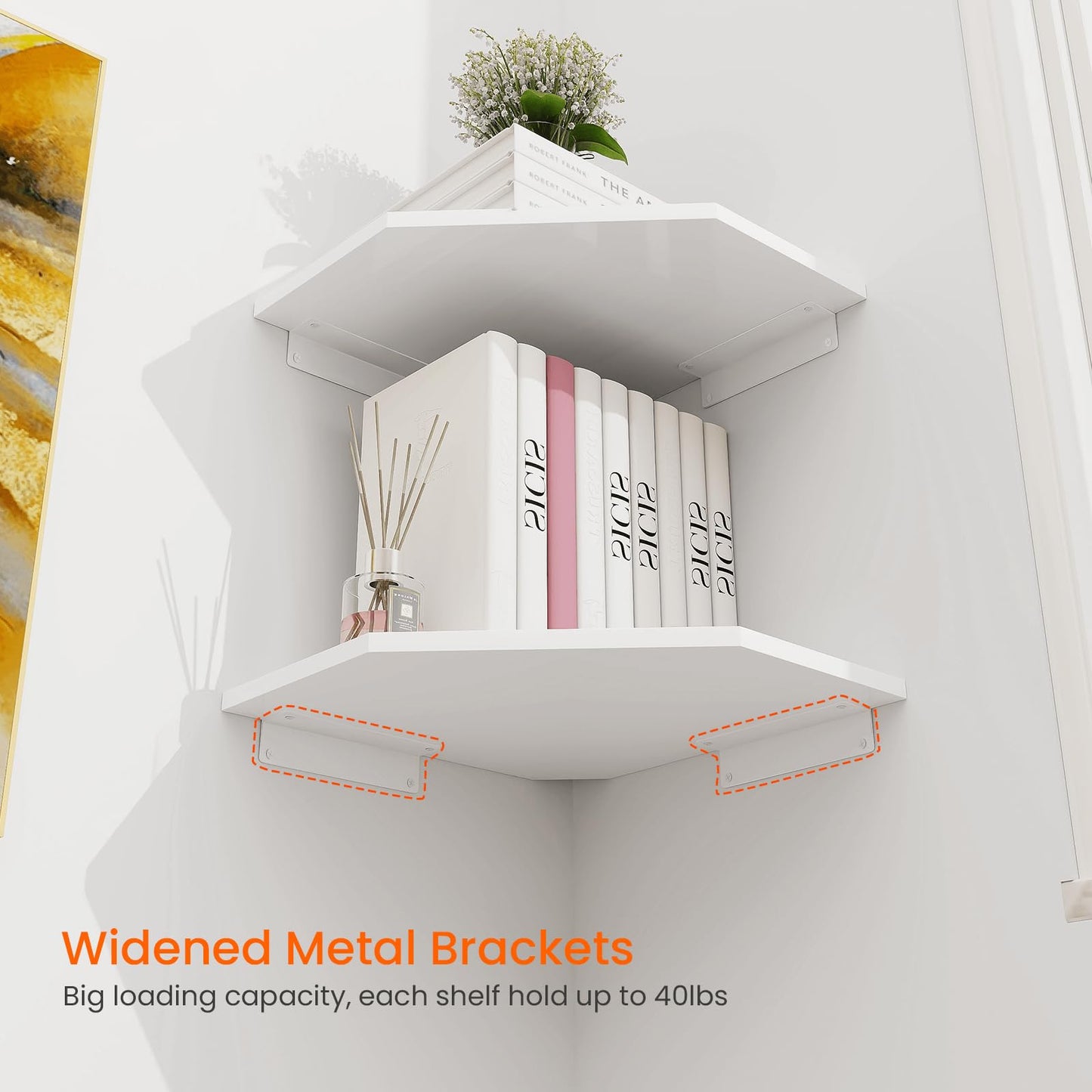 Homode Corner Wall Shelf, Corner Shelf Floating, Set of 4 Wooden Hanging Corner Shelves with Wire Hole for Bathroom Living Room Office, White