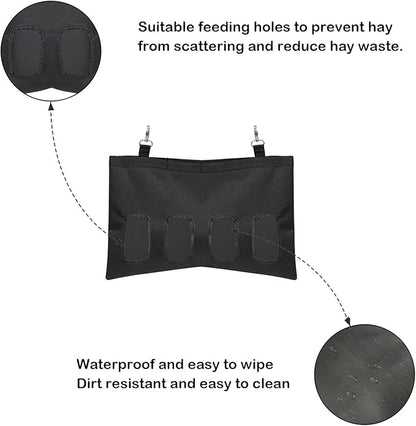 Rabbit Hay Feeder Bag, Large Capacity Rabbit Hay Bag Small Animal Hanging Hay Bag 600D Oxford Cloth Bunny Hay Feeder Bag for Rabbits Guinea Pigs Chinchillas (Black-2 Holes-2Pcs)