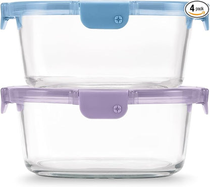 Ello Color Lock 7 Cup 4PC, 2 Pack Glass Meal Prep Sets Leak-Proof Glass Food