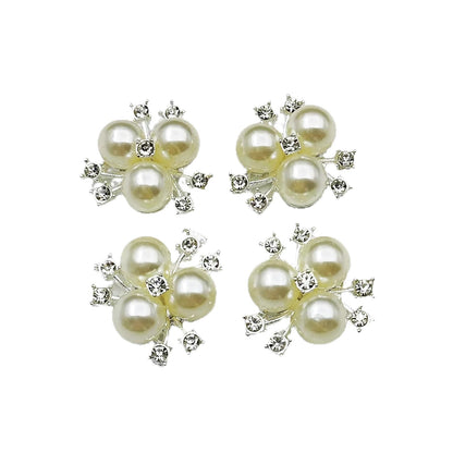 YOOGCORETT 10pcs Pearl Rhinestone Flower Buttons Flat Back Embellishments Sew On Buttons for DIY Craft, Bags Shoes Dress Decoration, 21 x 21mm, Silvery