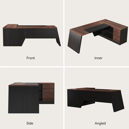 Epecoya L-Shaped Executive Desk with Drawer, 78-Inch Large Home Office Desk with Cord Hold and Power Outlet, Modern Computer Table with Lateral File Cabinet,Open Shelf and PC Stand, Walnut Brown Black