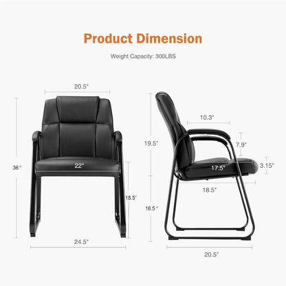 Simple Deluxe Leather Guest Chairs with Padded Arms & Sled Base - Set of 1 Stationary No Wheel Waiting Room Chair for Conference Reception Rooms, Lobby, Home Office Computer Desk, Bedroom, Black