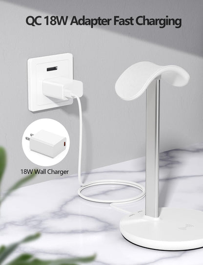 Miroddi Headphone Stand with Wireless Charger, Independent USB Charging Port, 5 in 1 Charging Station Headset Holder Rack for AirPods Max/Pro/4/3/2, iWatch, iPhone, Samsung and Desk Headphones, White