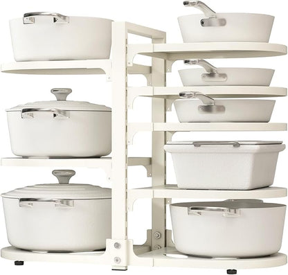 Adjustable Heavy Duty Pots and Pans Organizer Under Cabinet, 8-Tier Pot and Pan Organizers Inside Cabinet, Kitchen Cabinet Organizers and Storage, White