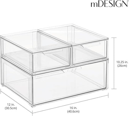mDesign Plastic Stackable Bathroom Storage Organizer Bin Containers with Front Pull Drawer for Bathroom Countertop, Vanity, Closet Shelves - Holder for Accessories, Lumiere Collection, Set of 3, Clear