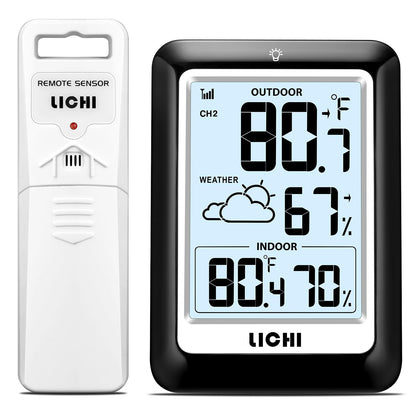 Indoor Outdoor Thermometer Wireless Weather Station, Internal External Thermometer Hygrometer, Home Batteryoperated Temperature Humiditymonitors330 Feet (About 100 Meters) Backlight Display (Black)