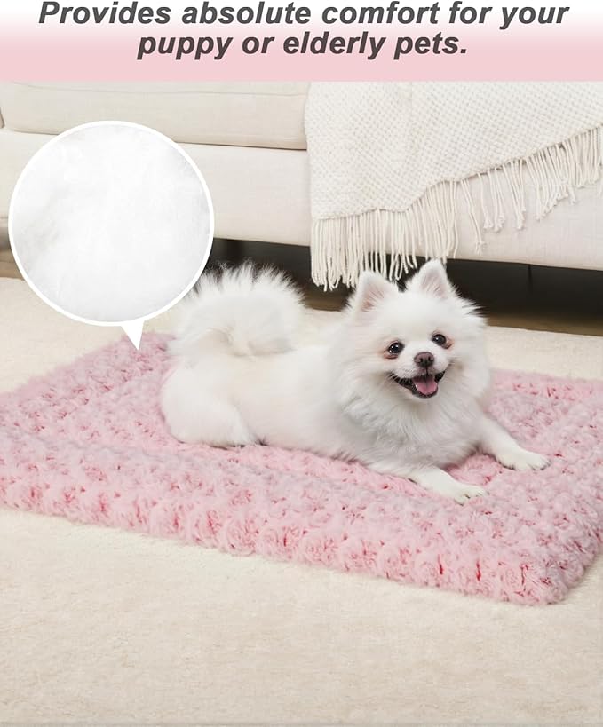 Washable Dog Bed Mat Crate Pad Soft Fluffy Pet Kennel Beds Dog Sleeping Mattress for Large Jumbo Medium Small Dogs, 48 x 30 Inch, Pink