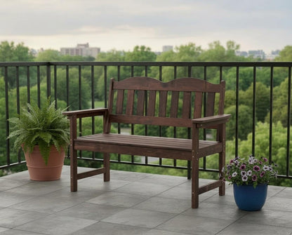 MilleLoom 4FT Outdoor Wooden Bench, 2-Person Garden Bench,Slatted Patio Loveseat with Curved Backrest and Wide Armrest Ideal for Patio, Porch or Balcony,Brown
