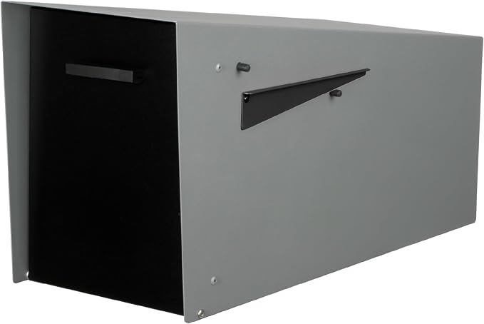 Ilyapa Modern Mailbox with Angle Design Post Mount - Gray Powder Coated Metal Mailbox with Black Door - Waterproof for Parcels, with Magnetic Door