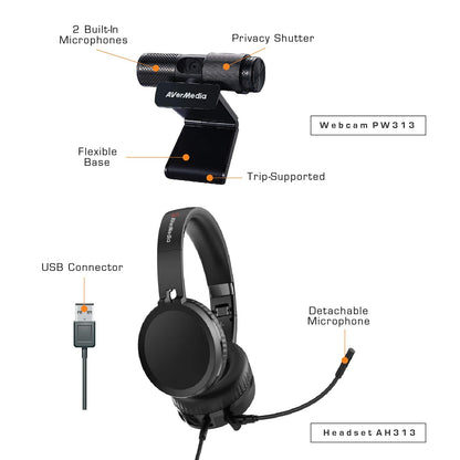 AVerMedia BO317 Video Conferencing Kit 1080p Webcam USB Headphone, Video Conferencing, Gaming Accessories for PC and Laptop