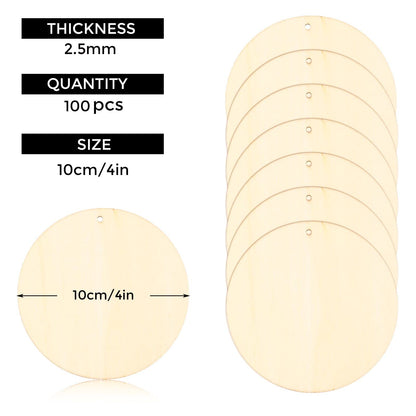 FSWCCK 100 PCS 4 Inch Wood Circles for Crafts – Round Blank Discs with Holes, Unfinished Wooden Cutouts for DIY, Painting, Staining, Coasters,Laser Engraving Sign Blanks, Ornament (4inch-100 Pack)