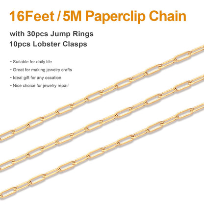 Kyutong 5M Gold PVD Plated Necklace Chain for Jewelry Making 304 Stainless Steel Paperclip Chain Roll with Lobster Clasps and Jump Rings for Men Women Making Jewelry Craft Support Jewelry Findings
