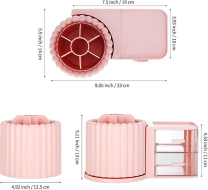 360 Rotating Makeup Organizer Countertop with 2 Drawers, Makeup Brush Holder, Small Preppy Organizer, 9.25x5.11 Inch, Pink