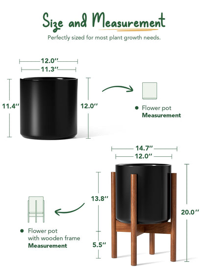 LE TAUCI 12 Inch Planter with Acacia Wood Stand, Large Ceramic Indoor Plant Pot with Drainage Hole & Plug, Mid Century Modern Plant Holder for Fiddle Leaf Fig, Monstera, Snake Plant, Black