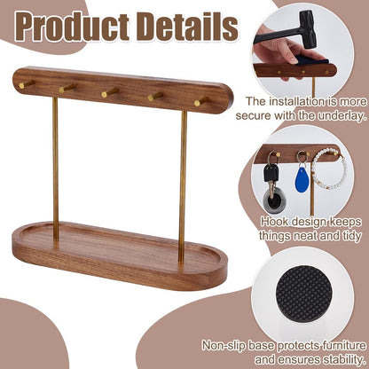 ORIGACH Walnut Key Stand for Entryway Table, Wooden Key Holder with 4 Brass Hooks, Jewelry Trays Perfect Bowl, Valet, Key Tray, Ring Holder, Jewelry Dish