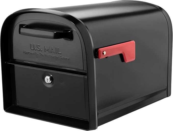Architectural Mailboxes 6300B-10 Oasis 360 Locking Parcel Mailbox, Extra Large, Black, 6300B-10 | Galvanized steel build with a secure steel cam lock, dual access doors, and hopper delivery door. USPS approved.