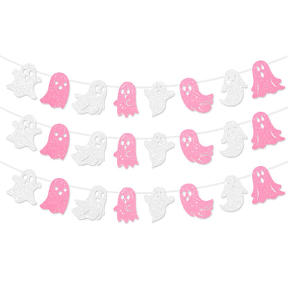 JKQ 3 Pack Glitter Halloween Ghost Banner White Pink Glittery Happy Halloween Party Ghost Hanging Decorations for Haunted Houses Indoor Outdoor Home Wall Mantle Fireplace Mansion Party Supplies