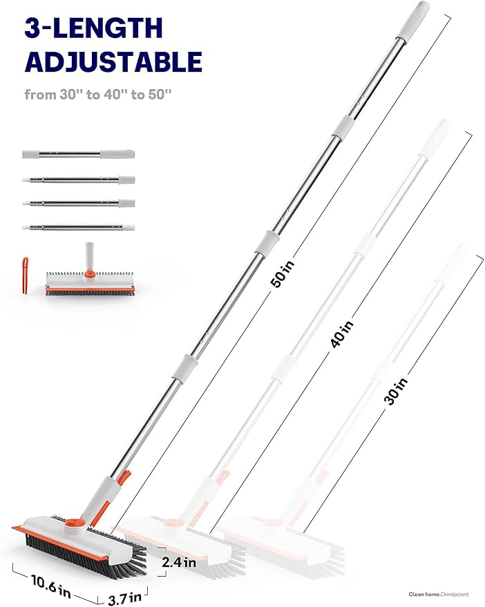 Floor Scrub Brush with Long Handle, 3 in 1 Scrape and Heavy-Duty Stiff Bristle