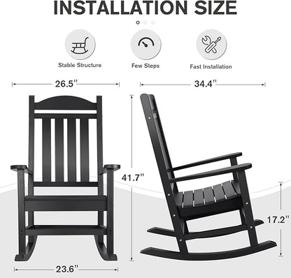 Devoko HDPE Rocking Chair Plastic Outdoor Indoor Patio Rocker Chair High Back All Weather Rocker for Patio Backyard Porch Garden (Black)
