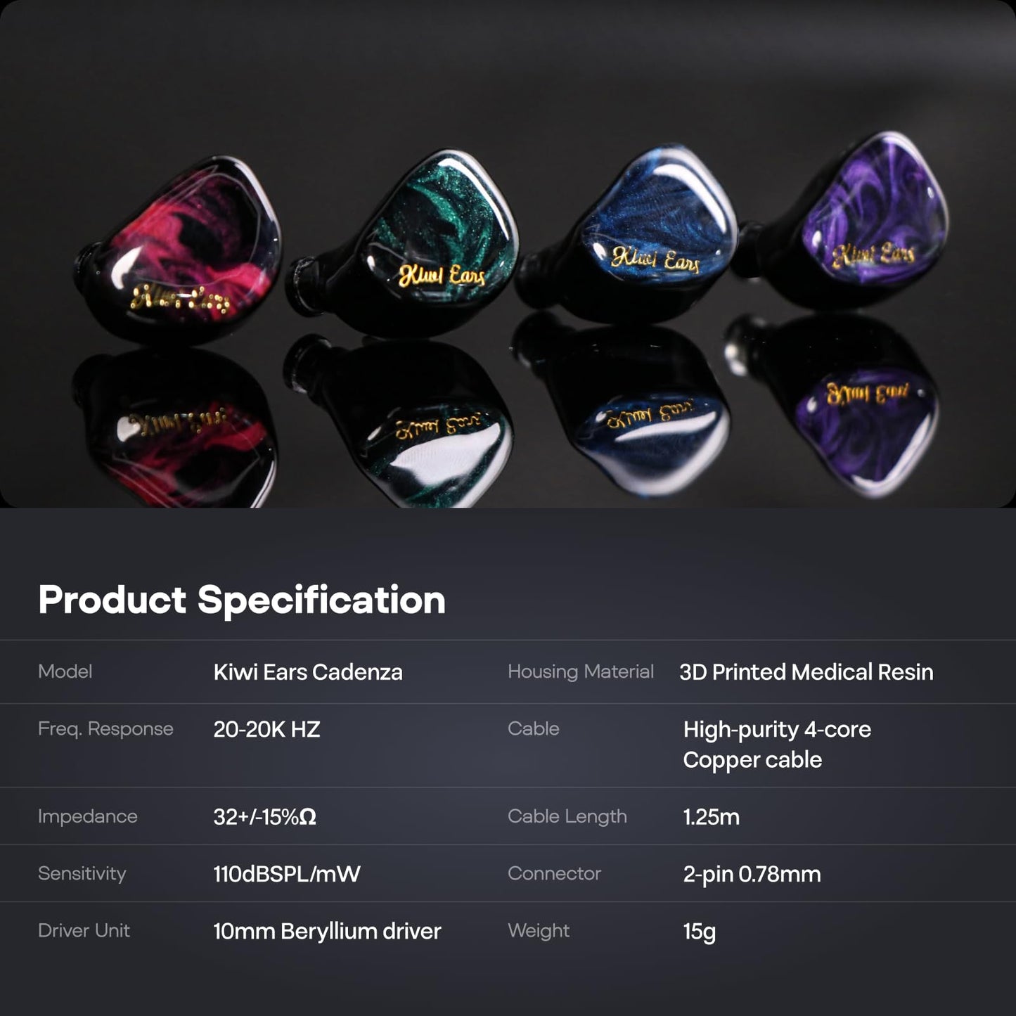 Linsoul Kiwi Ears Cadenza 10mm Beryllium Dynamic Driver IEM 3D Printed with Detachable Interchangeable Plug 0.78 2pin 3.5mm IEM Cable for Musician Audiophile (Purple)