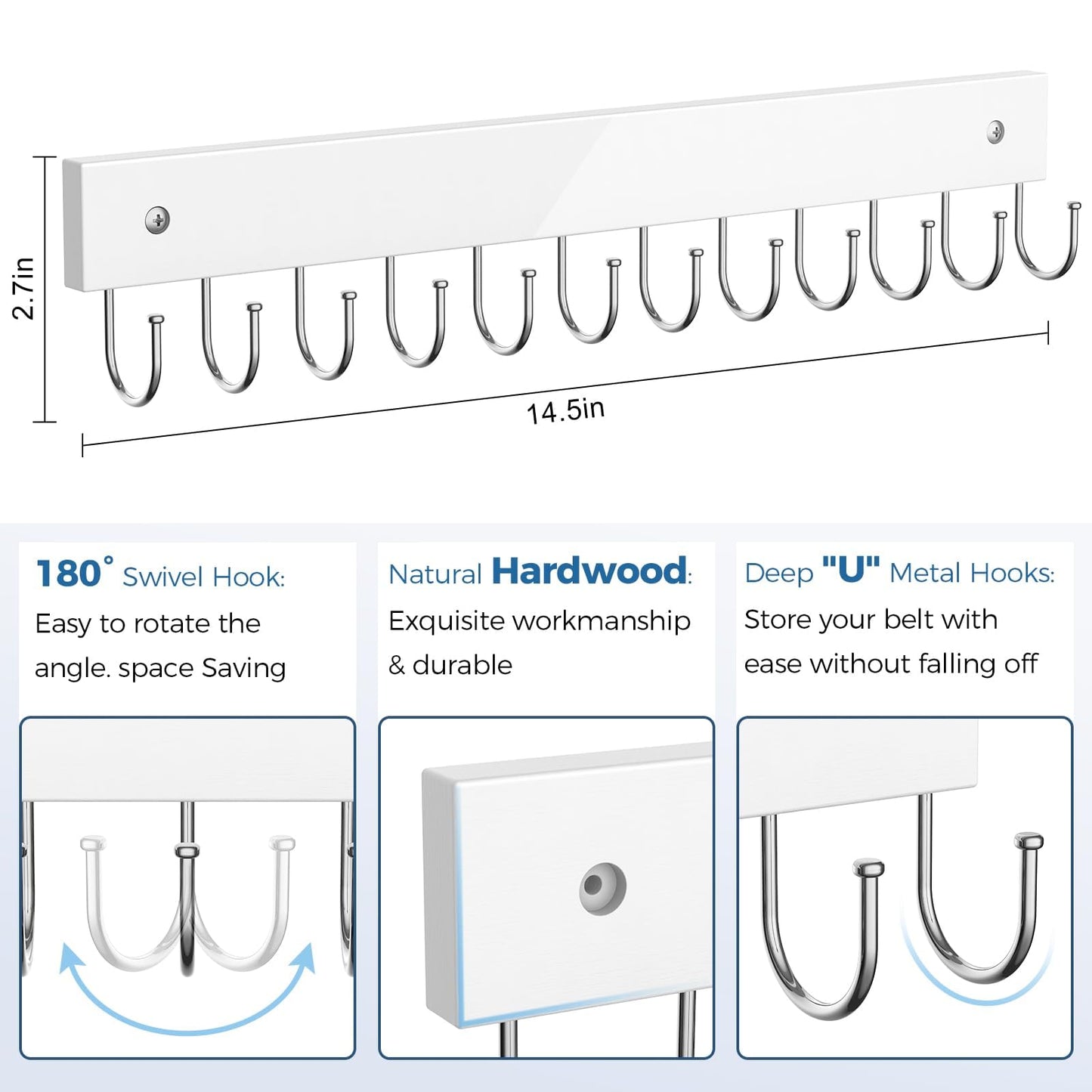 Belt Hanger Wall Mounted, Wooden Coat Rack Belt Organizer 2 Pack Max 24 Storage Capacity, 180° Rotating Space Saving Hangers for Ties, Tank Tops, Scarves, Bras, Keys, Bags White