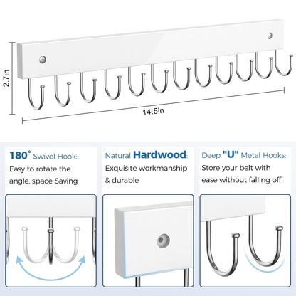 Belt Hanger Wall Mounted, Wooden Coat Rack Belt Organizer 2 Pack Max 24 Storage Capacity, 180° Rotating Space Saving Hangers for Ties, Tank Tops, Scarves, Bras, Keys, Bags White