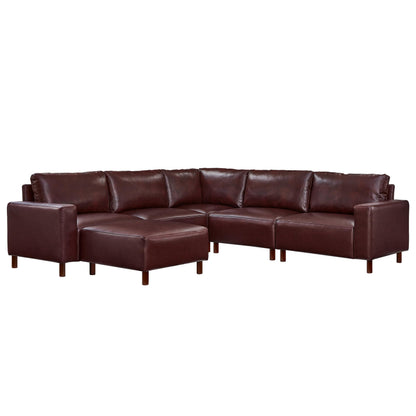 KEIKI PU Leather Sectional Couch Sofa Set with Ottoman, Luxury 6 Seater U-Shaped Sleeper Cloud Couches Bed, Comfy Modular Convertible L-Shaped Sofabed for Office Living Room, Easy Assembly, Burgundy