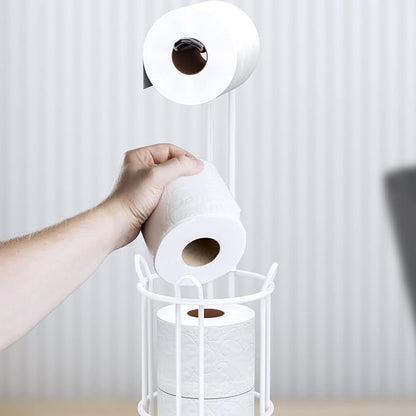 Meangood Toilet Paper Holder Stand and Tissue Paper Roll Dispenser for 4 Mega Rolls, Bathroom Free Standing Tissue Roll Storage Holder Rack, Metal Wire (White)