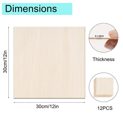 12 Pack Basswood Sheets 12x12 x 1/10 Inch Thin Plywood Balsa Wood Sheets Unfinished Wood Squares Boards Balsa Wood Sheets for Crafts Laser Cutting Wood Burning and Drawing (12 x 12 inch)