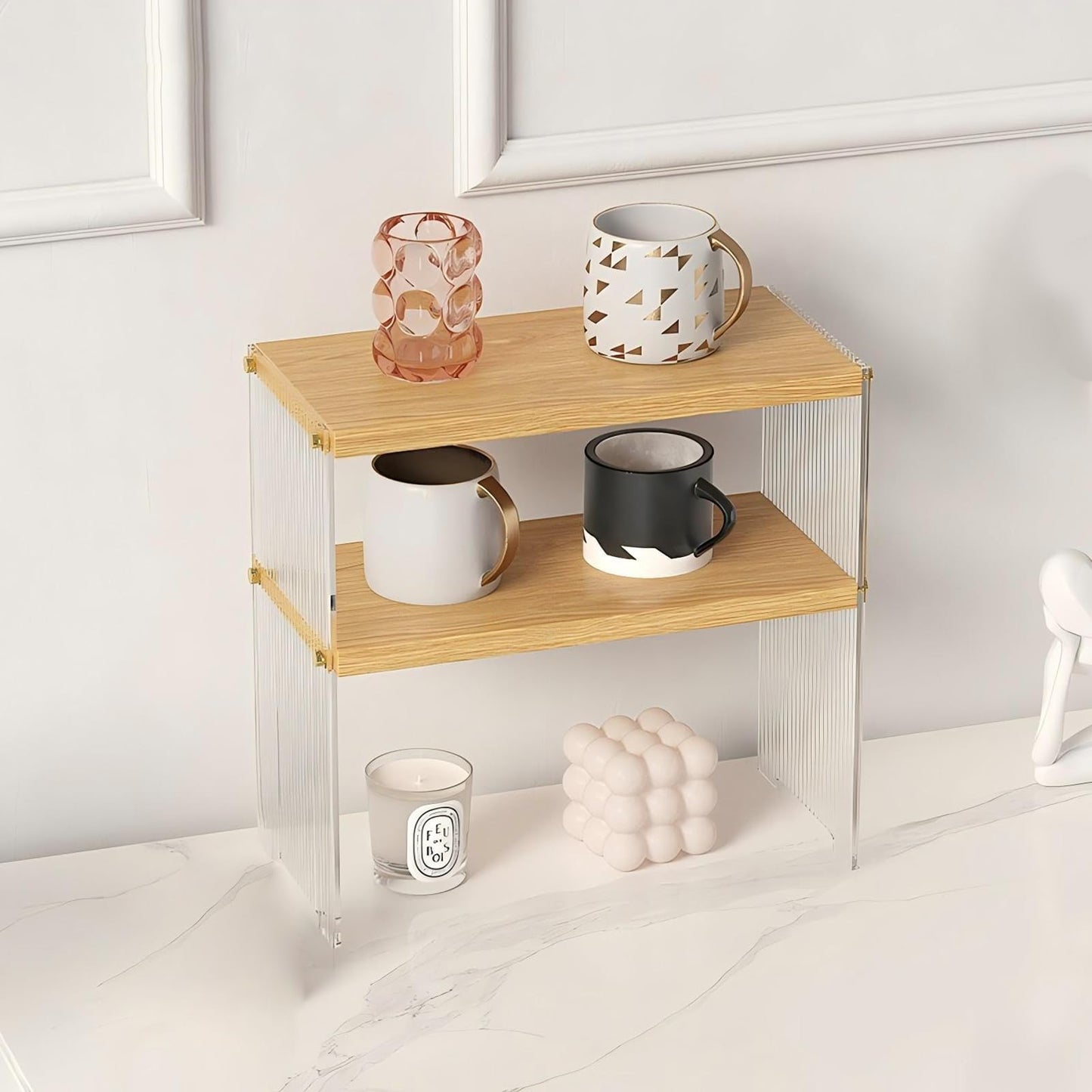 Coffee Station Acrylic Organizer - Wooden Desktop Storage Shelf for Office, Kitchen & Living Room, Multi-Layer Coffee Cup Holder & Condiment Rack, Acrylic Display Shelf for Mugs, Books (2 Tier)