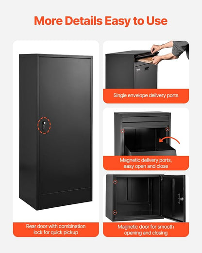 VEVOR Package Delivery Boxes for Outside, 47.2 in Mailbox for Parcel with Lock, Galvanized Steel Package Drop Box with Anti-Theft Design, Weather-Resistant Package Mailbox for Home and Office, Black