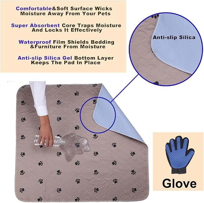 SincoPet Washable Dog Pee Pads with Puppy Grooming Gloves,Puppy Pads,Reusable Pet Training Pads,Large ,Waterproof Pet Pads for Dog Bed Mat,Super Absorbing Whelping Pads,24x36 Inch (Pack of 4)