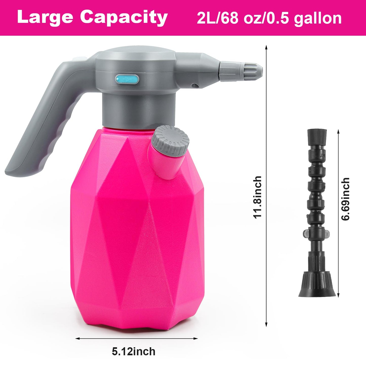 SideKing 0.5 Gallon Electric Spray Bottle Plant Mister for Indoor/Outdoor Plants, 2L Automatic Watering Can Rechargeable Battery Powered Sprayer with Adjustable Spout for Garden, Fertilizing, Cleaning