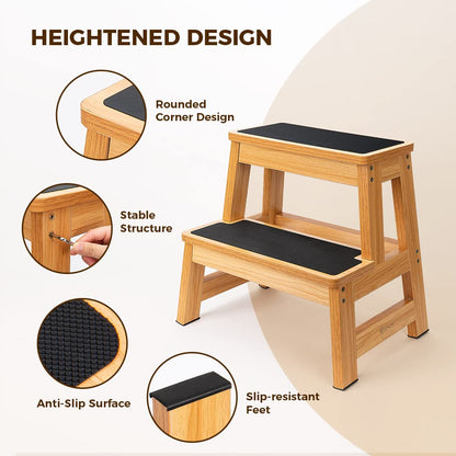 StrongTek Wood Step Stool, 17" Tall Two-Step Design for Adults & Kids, Heavy-Duty 500 lbs Capacity with Non-Slip Steps, Ideal for Kitchen, Bedside & Bathroom Use