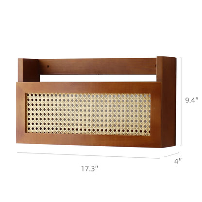 FRIADE Wall Wood Magazine Rack with PE Rattan Grid,Size 17.3" x 4" x 9.4",File Holder For Entryway, Living Room, Waiting Room, Kids’ room,Office（Brown）