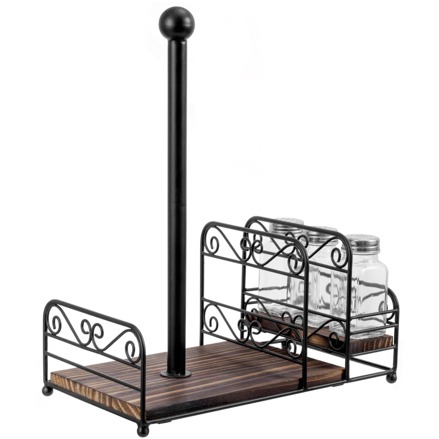 MyGift Matte Black Metal Wire Scrollwork Paper Towel Roll Holder Combo Caddy with Rustic Burnt Solid Wood Base, Napkin Holder, and Spice Rack
