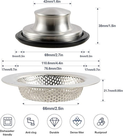 RQYEKDO Polished Kitchen Sink Strainers Sink Stopper Kits, Stainless Steel Sink