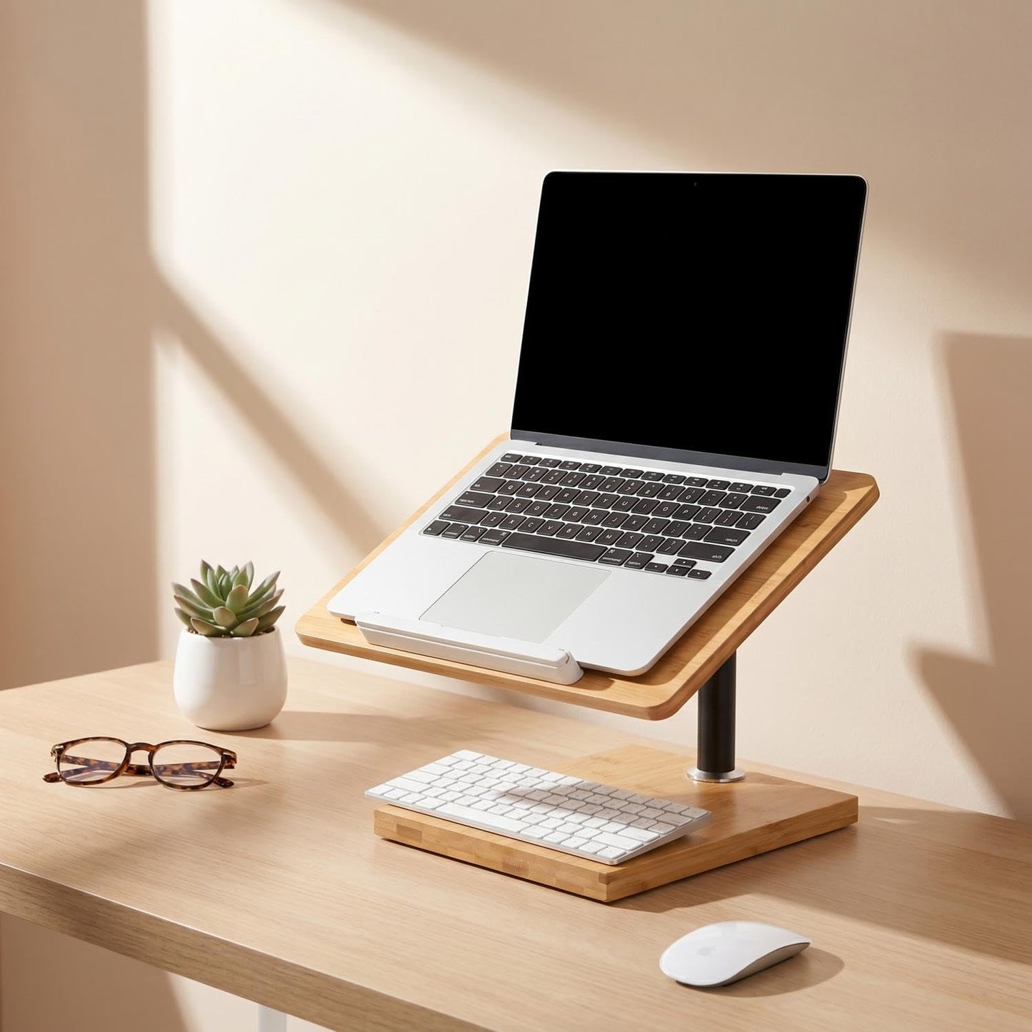Coslony Adjustable Laptop Stand with Wood Platform and Sturdy Base, Height Adjustable Desk Mount for Laptops (Large)