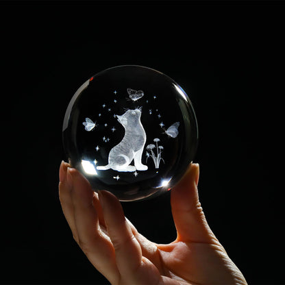 Arikyrist 3D Crystal Cat Figurines with Wooden Light Base, 80mm Crystal Ball Decor, Laser Engraved Glass Sphere Cat Gifts