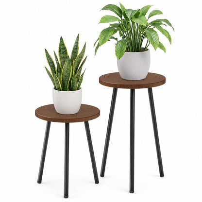 SAKSUN 2 Pack Plant Stand Set: Small Round Plants Stand Indoor Wood Grain Plant Tables with Metal Legs - Indoor Outdoor Plant Stands for Living Room, Bedroom, Patio, Balcony, Brown, 150 lbs Capacity