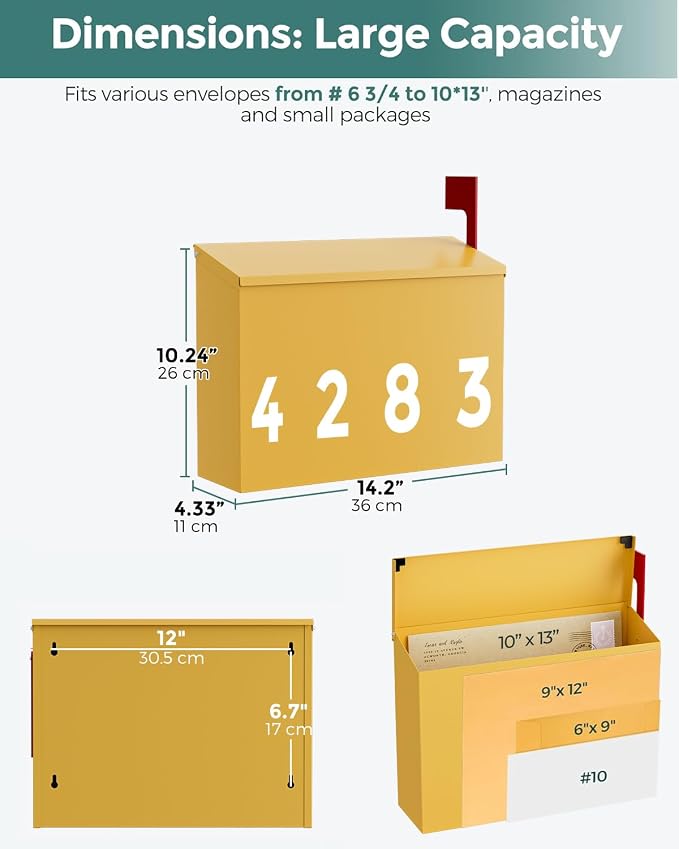 LAND·VOI Wall-Mount Mailbox with One Flag Kit and Three Sets of 0-9 Mailbox Number Stickers, Mailboxes for Outside, Galvanized Steel Rust-Proof Metal Post Box, 4.33" Dx14.2 Wx10.43 H, Yellow