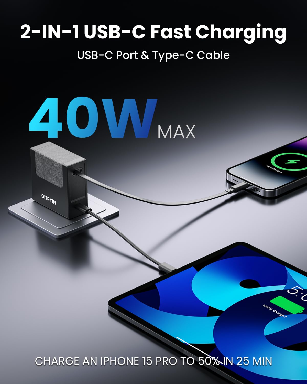 Gitryin 1 Micro USB, 1 Lightning, 4 Type-C Retractable Wall Chargers and 1 Power Strip, Desktop Modular Charging Station